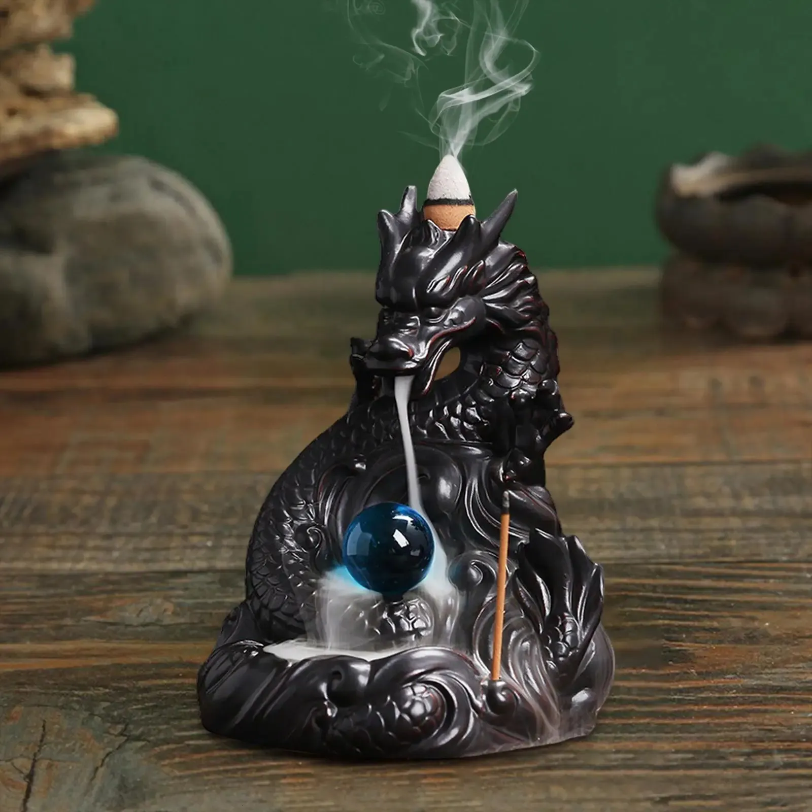 Backflow Incense Burner Waterfall Incense Cone Holder Ceramic Dragon Statue Censer for Yoga Decoration