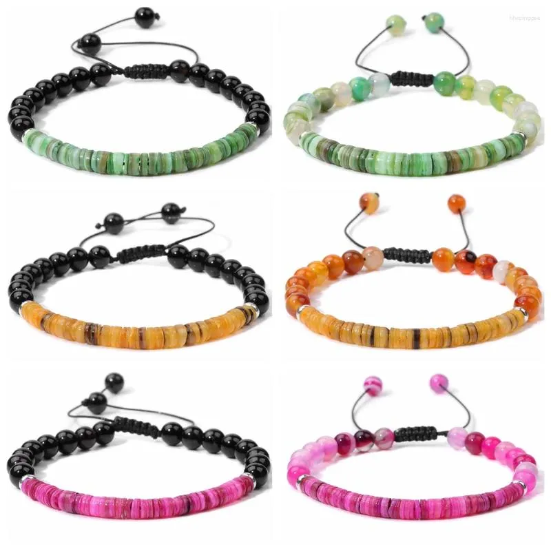 Bracelet bohème tendance en perles d'agates de 6mm pour femmes et hommes, coquille naturelle, corde noire réglable, bijoux, vente en gros