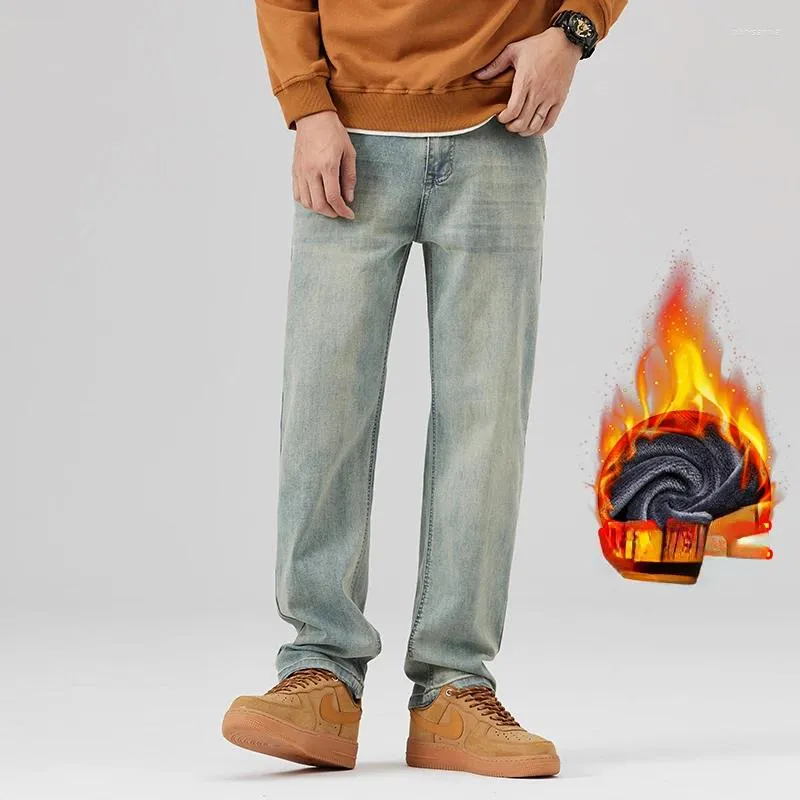 Jeans para hombres de alta calidad de invierno casual tubo recto con forro polar engrosamiento suelto exterior cálido pantalones largos streetwear hombres