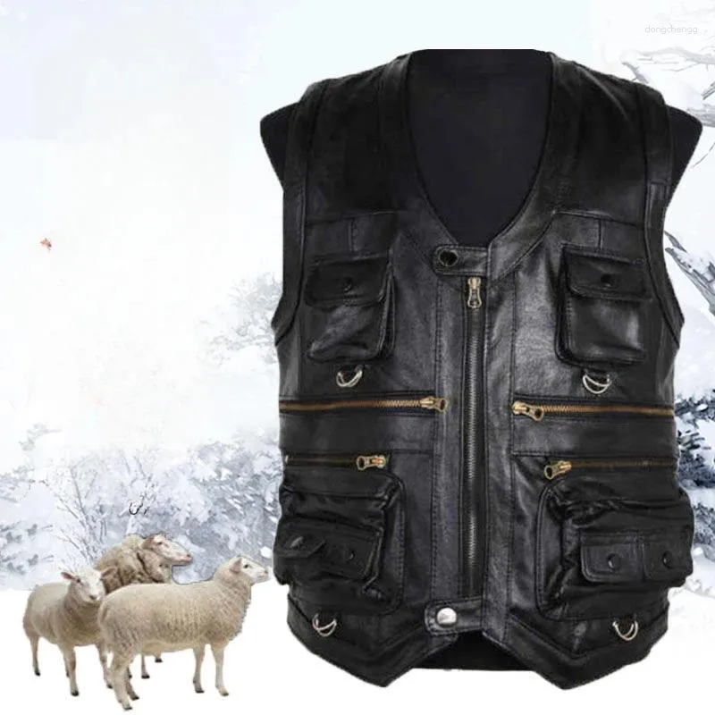 Gilet da uomo 2023 Primavera Autunno Uomo Gilet in vera pelle Maschile Tasche multiple Cappotti senza maniche Scollo a V Vera pelle di pecora Gilet D418