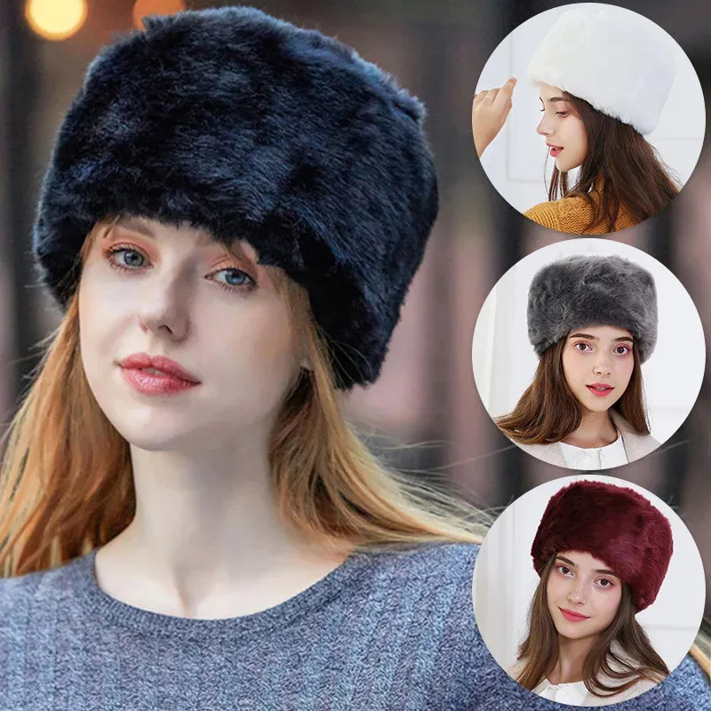 Trapper Hats Russian Women Faux Fox Fur Hat Autumn Winter Round Flat Cap Girl Warm Soft Fur Caps MutiColor Crownless Circle Headgear 231201