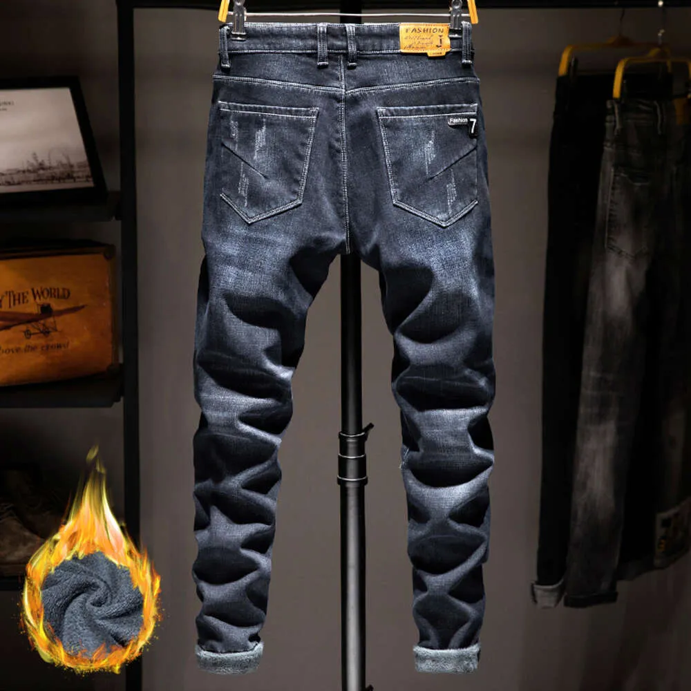 Vinter nya män s varma smala passform mörkblå mode förtjockar denim byxor fleece stretch märke byxor manliga jeans hombre