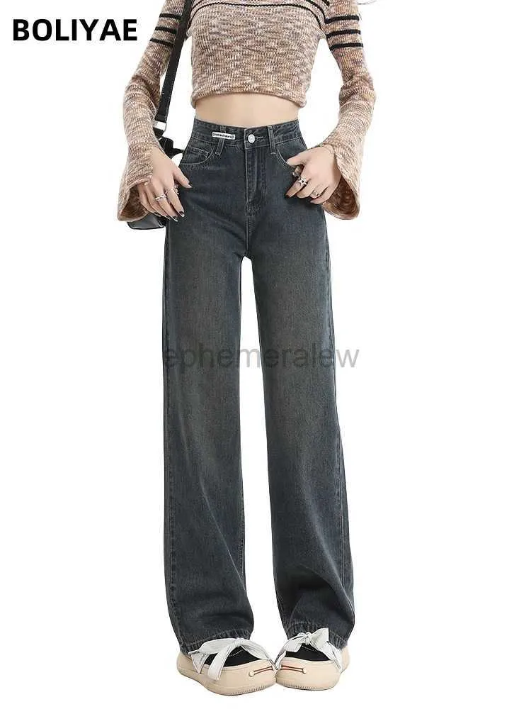 Kvinnors jeans boliyae harajuku streetwear retro mode kvinnor höga midja jeans lösa brett ben rak löst denimbyxor y2k baggy pantszln231201