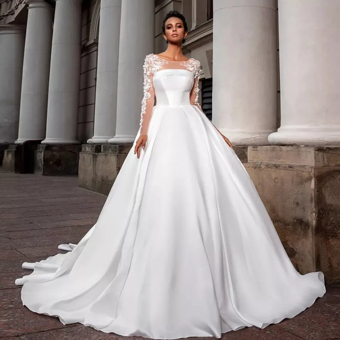 Modest White Satin A Line Scoop Wedding Dresses Jewel Neck Cap Long Sleeves Princess Bridal Ball Gowns Vestidos De Novia YD 328 328