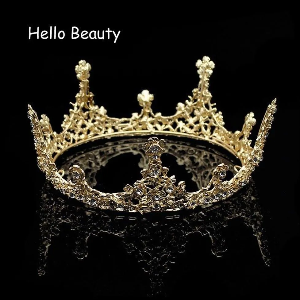 Cor de ouro barroco vintage masculino diadema grande cristal redondo completo baile rei coroa casamento concurso rainha tiara jóias de cabelo nupcial y19261p