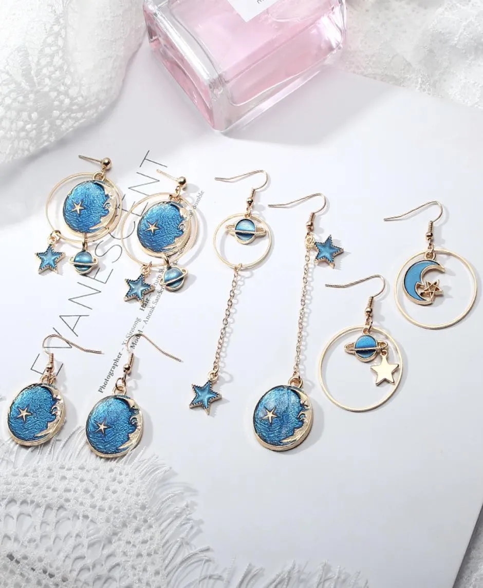2020 Fashion Blue Asymmetrical Cubic Zircon Sun Moon Gold Color Long Ear Threads Linear Dangle Round Drop Earrings for Women Gift7985339