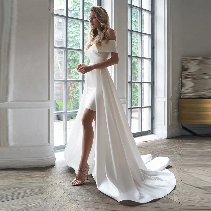 short wedding dress with detachable train Rush order Amazing Sheath Lace Short Wedding