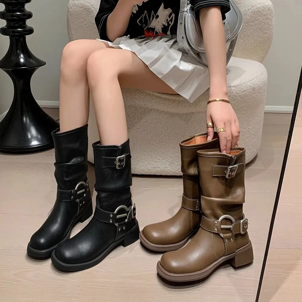 Boots Woman Knee High Platfrom Studded Spring Summer Knight Combat Gothic Elegant Medium Heel Women s Shoes Motorcycle Footwear 231201