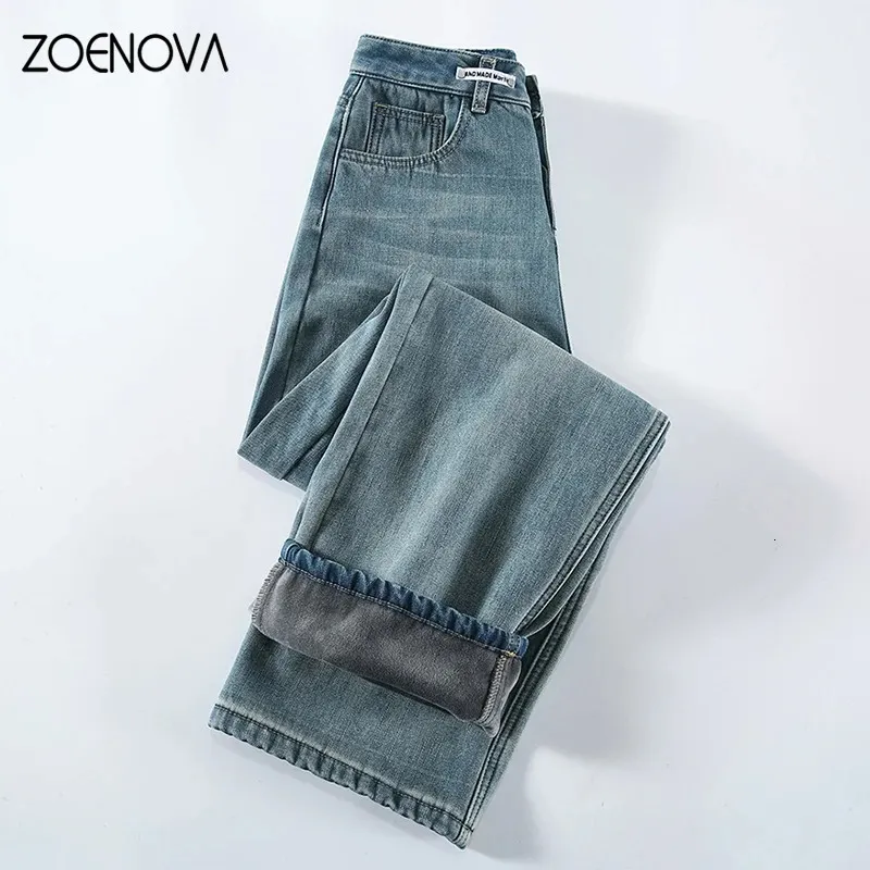 Jeans Femmes Zoenova Automne Hiver Mode Streetwear Femmes Taille Haute Rétro Casual Lâche Polaire Chaud Large Jambe Droite Denim Pantalon 231201