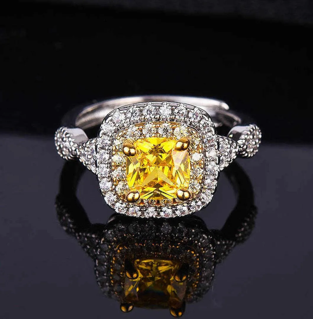 Symulowany żółty diamentowy pierścionek zaręczynowy w kształcie poduszki Wyjęty PT950 Platinum Fat Square Yellow Diamond Otwarcie Women039S R2696147