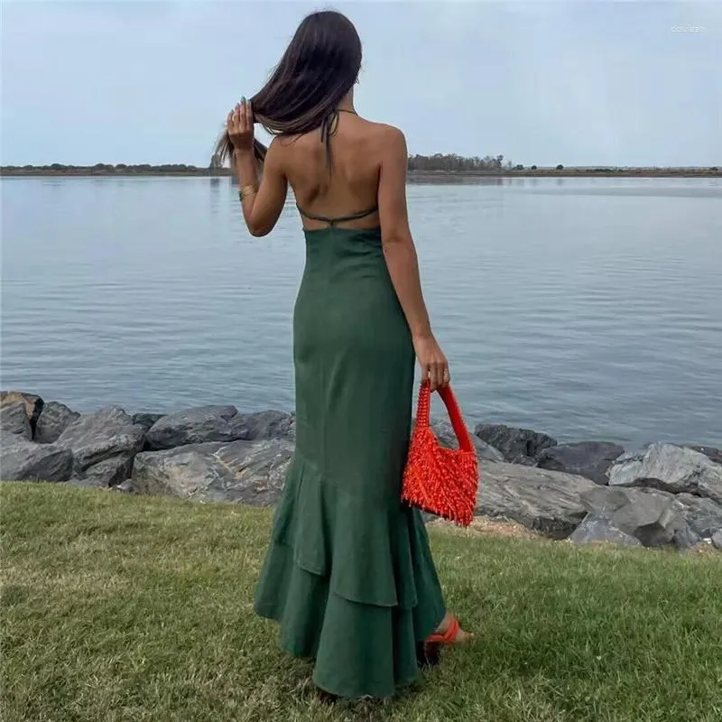 navy blue dress for baby girl Zapaka Women Green Casual Dress Halter Flower Print Backless Summer Dress, Green / L main image 0