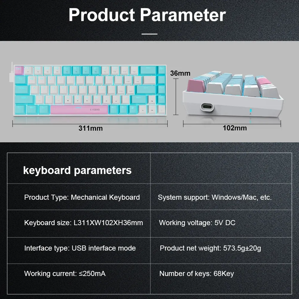 keeeei様EUR80全長約95cm DHgate.com:EYOOSO Z686 68-Key Mechanical Gaming Keyboard