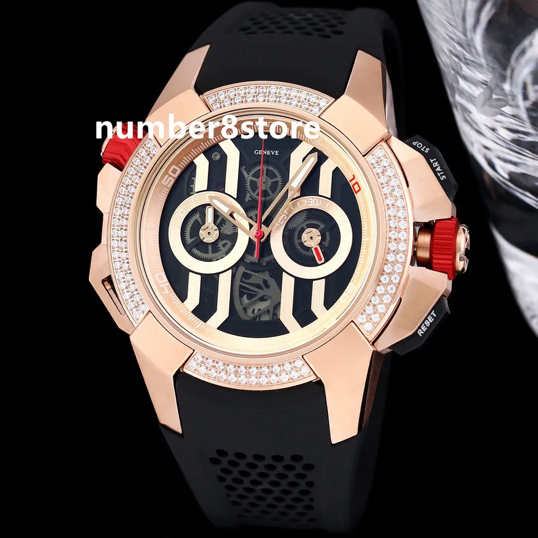 Epic X Chrono Rose Gold Mens Watch Diamond Pzel VK Quartz كبير الحجم الرياضي الساعات الرياضية الفاخرة السويسرية السويسرية الياقوت الكريستال مقاوم للماء