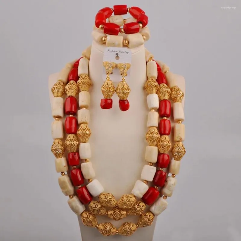 Necklace Earrings Set Mixed Color Natural Coral White And Red African Party Dress Accessories Nigerian Bride Wedding Jewelry AU-659