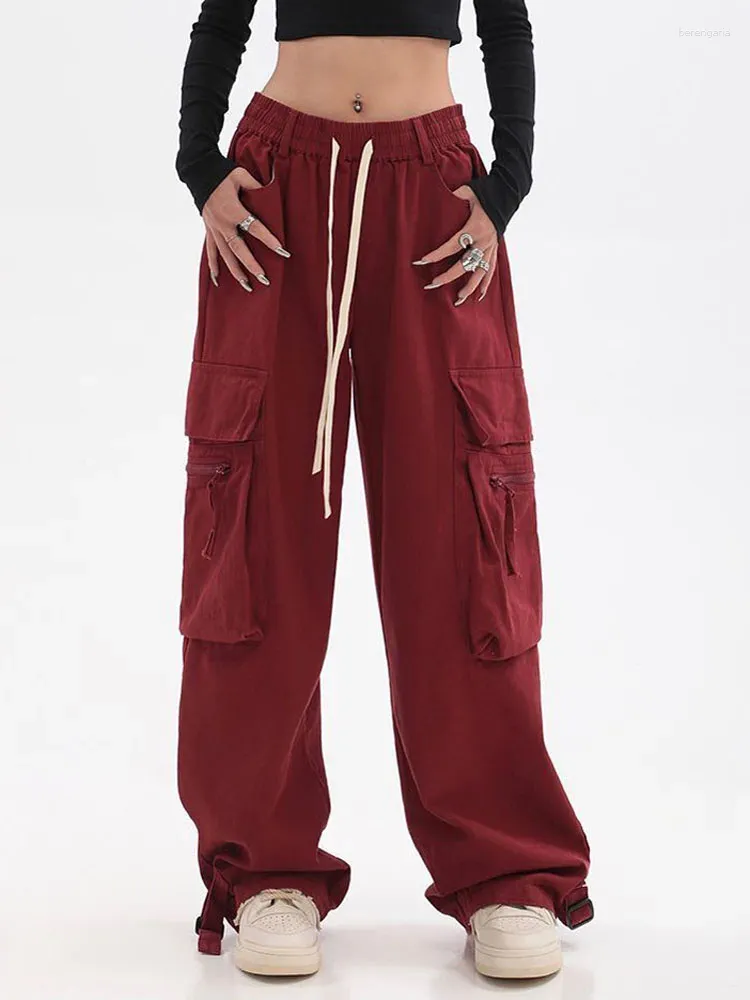 Women's Pants Zoki American Retro Red Hip Hop Cargo Women Fashion Streetwear Loose High Waist BF Wide Leg Y2K Straight Trousers