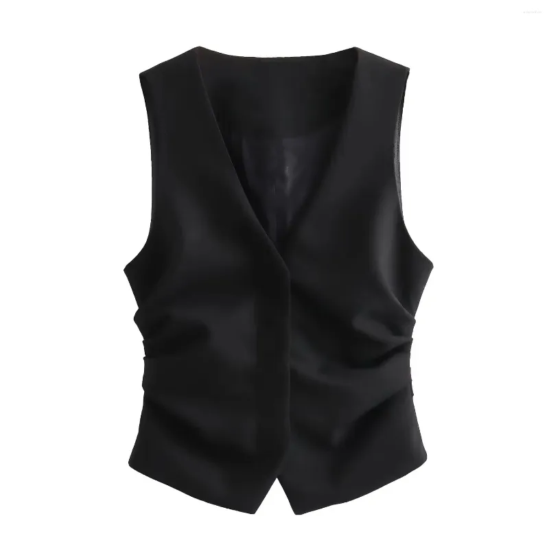 Gilets pour femmes Noir Gilet sans manches Ensembles Pantalon pour femmes Élégantes Manteaux à col en V Femme Côtés froncés Gilet Mode Pli latéral