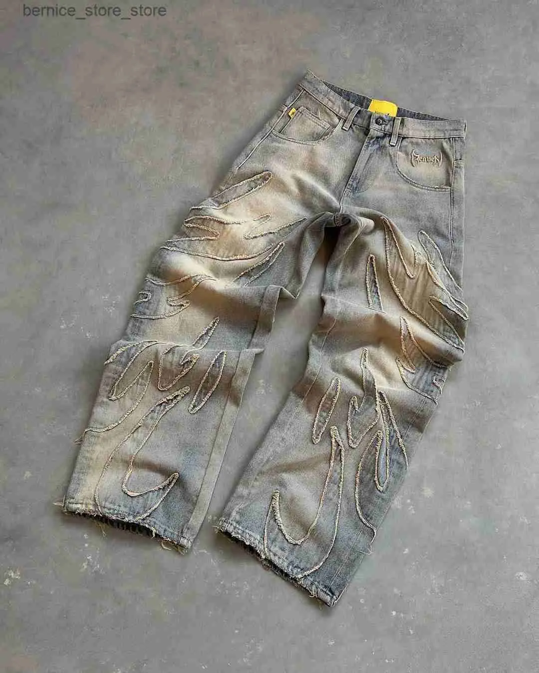 Мужские брюки 2023 Уличные ретро с вышивкой Raw Edge Мешковатые джинсы для мужчин Мода Хип-хоп узор Женские лоскутные джинсовые брюки с высокой талией Y2k Q231201