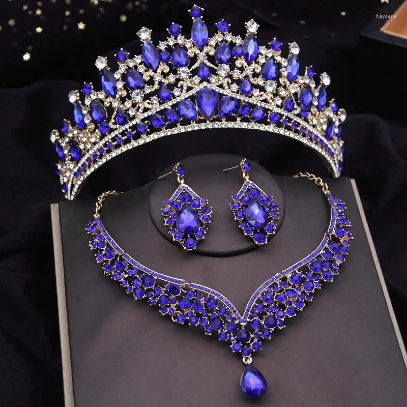 Collana di orecchini set corona blu gioielli da sposa per le donne diademi verdi e orecchini girocollo set da sposa ballo di fine anno sposa rosa