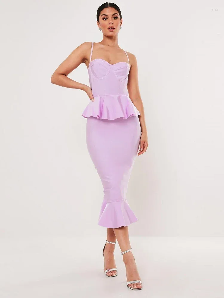 Robes décontractées 2023 Summer Purple Sexy Spaghetti Strap Slim Volants Femmes Robe de soirée Robes Français Femme Élégante Fishtail Longue Robe