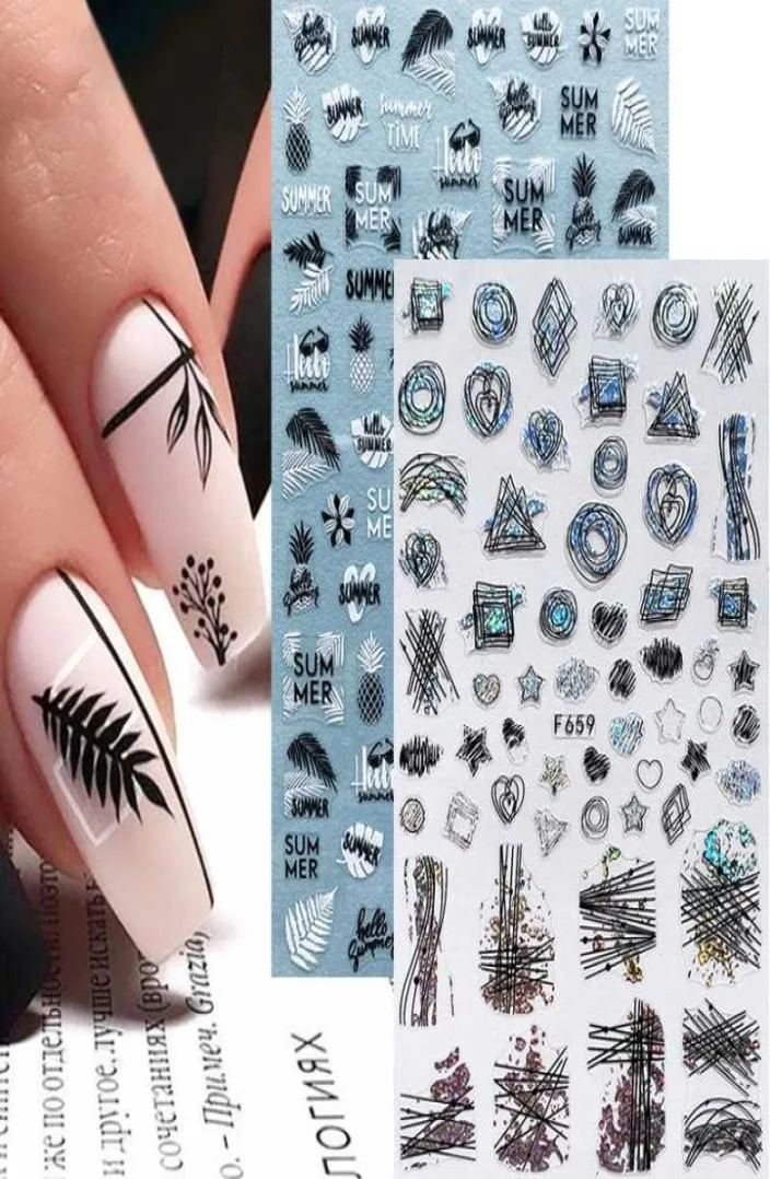 Autocollants d'été pour Nail Art, 4 pièces, feuilles holographiques géométriques, adhésif 3D coulissant, décoration des ongles, feuille or noir blanc, Set6730129