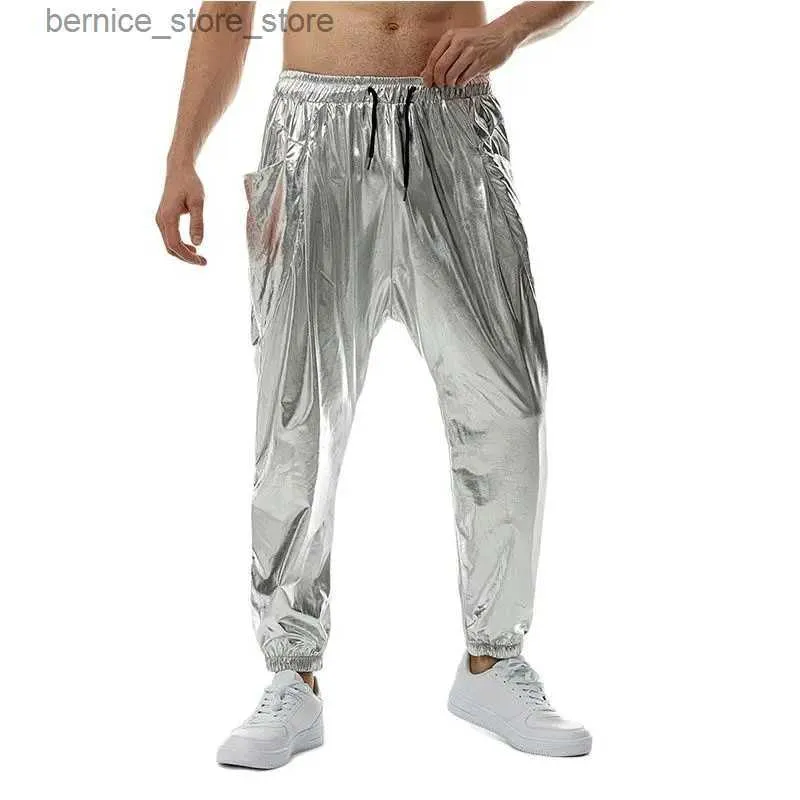 Calças masculinas brilhantes prata metálica jogger calças homens 2023 marca 70s disco dance calças homens hip hop streetwear casual jogging sweatpants masculino q231201