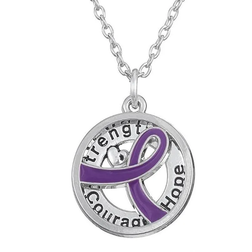 GX055 Cancer Awareness Purer Ribbon Silver Plated Strength Hope Love Letters Hollow Round Pendant Necklace For Gift264L