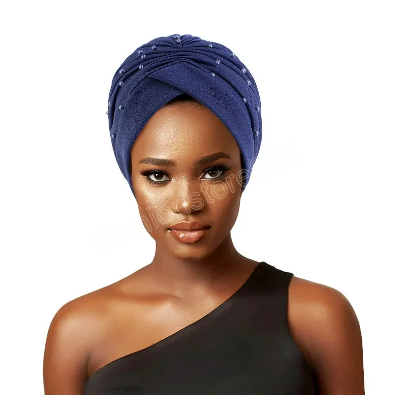 New Women Pearls Beaded Turban Hats Beanies Muslim Headwraps Ladies Hijab Stretch African Hair Loss Bonnet Chemo Cancer Cap