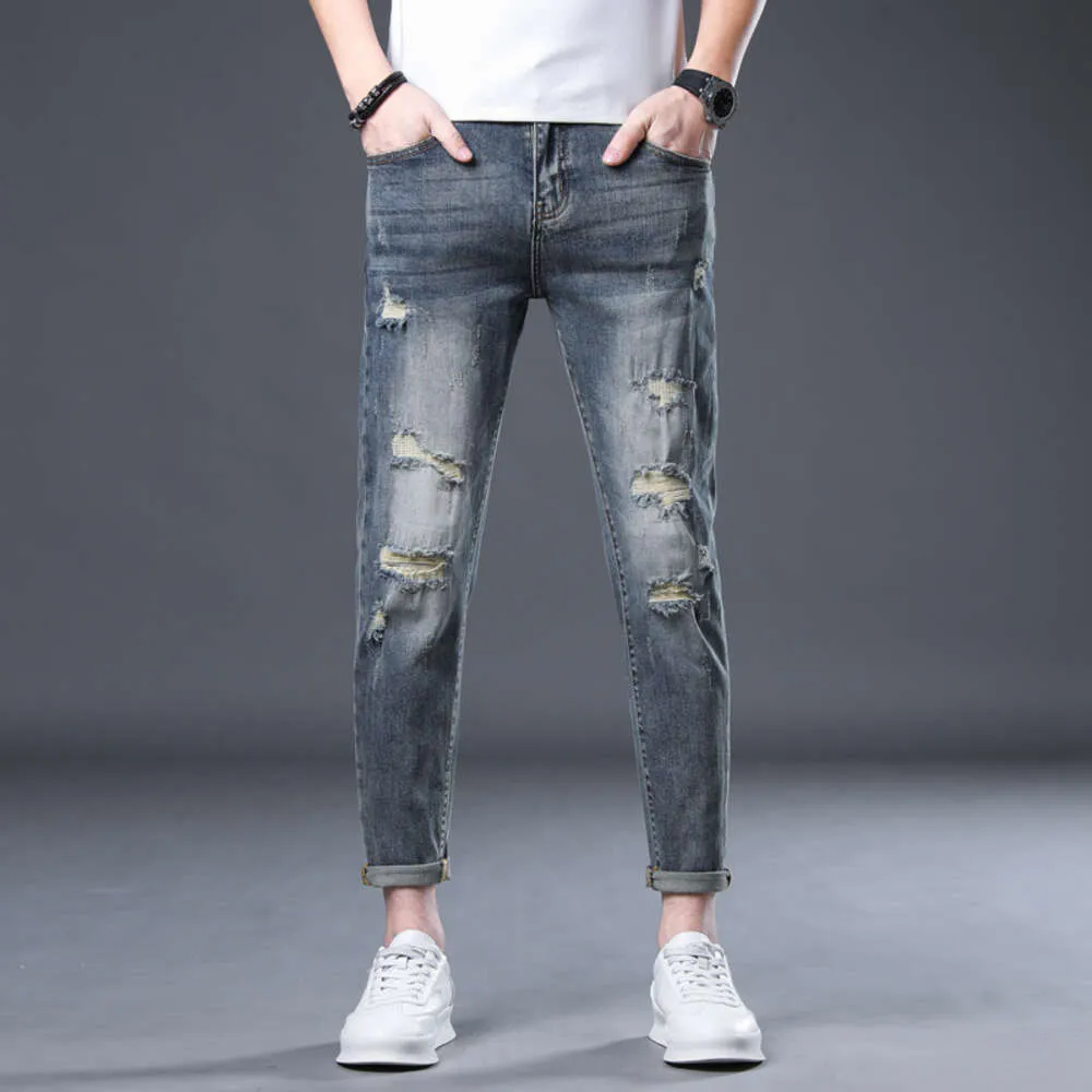 Rasgado para homens magro ajuste azul escuro estiramento calças capri tornozelo comprimento angustiado hip hop jeans s roupas hombre