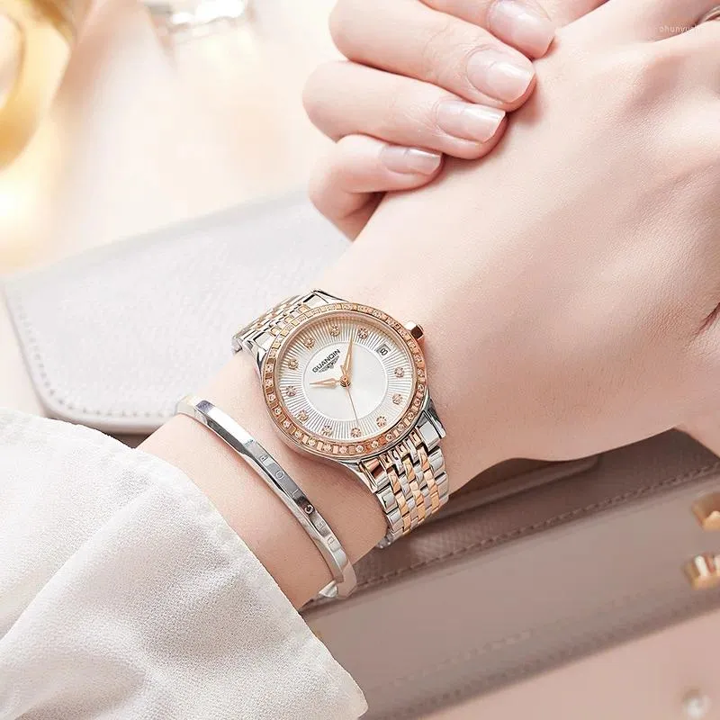 Wristwatches Steel Belt Set Auger Automatic Hollow Out Mechanical Watch Lady Rose Gold Stainless Female Table