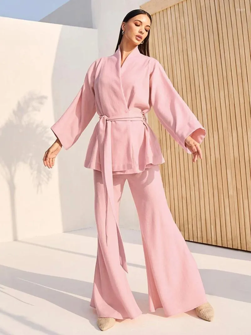 Pijamas femininos marthaqiqi elegante senhoras terno sexy com decote em v pijamas manga longa nightwear rendas até calças de noite roupas de casa