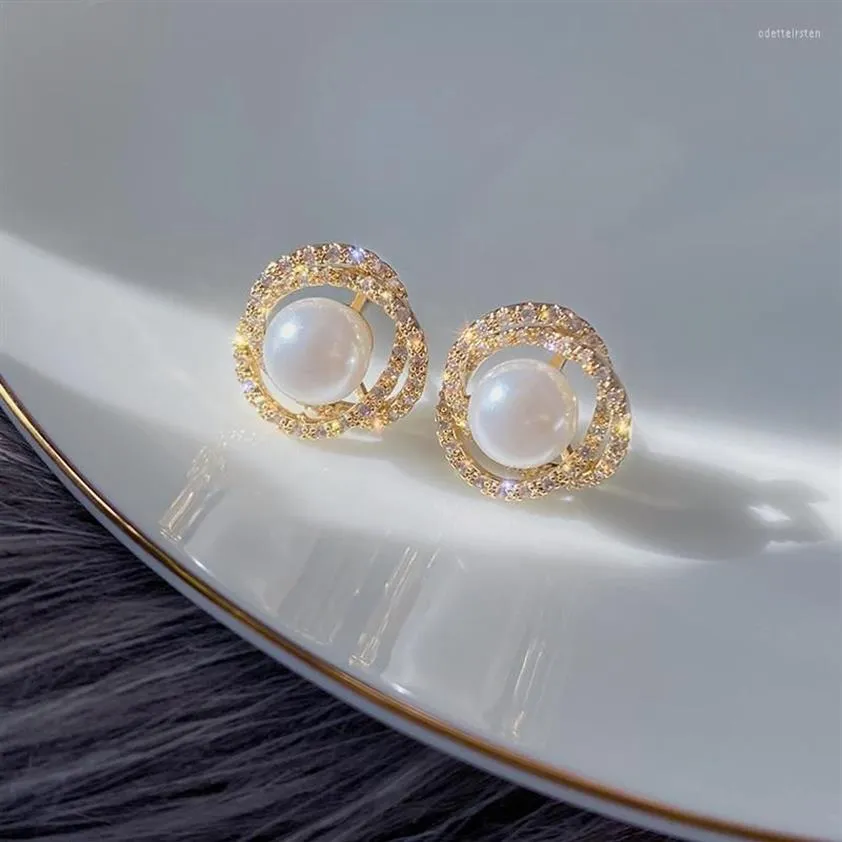 Stud coréen Design mode bijoux exquis Zircon ed fleur 14K or boucles d'oreilles femmes élégantes perle bal fête boucles d'oreilles Stud S265P