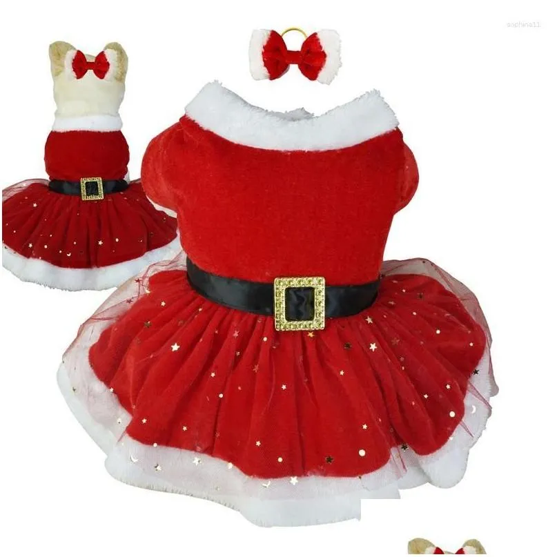 Abbigliamento per cani Abbigliamento natalizio per animali Rete lucida Costume da Babbo Natale Abbigliamento per ragazza carina Abiti rossi Cat Holiday Drop Delivery Home Gar Dhfqb