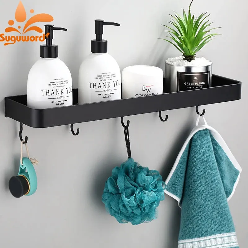 Badrumshyllor Nordic Black Aluminium Shelf Shampoo Holder Handduk Hanger Storage Rack Hårdvaruutrymme Duschrum Tillbehör 231130