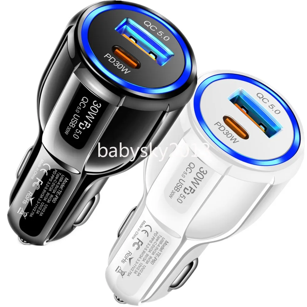 Charge rapide 66W QC5.0 LED double ports PD USB C chargeur de voiture adaptateurs d'alimentation pour Iphone 13 14 15 Pro max Samsung Xiaomi Huawei 38W 36W 30W chargeurs b1 avec boîte