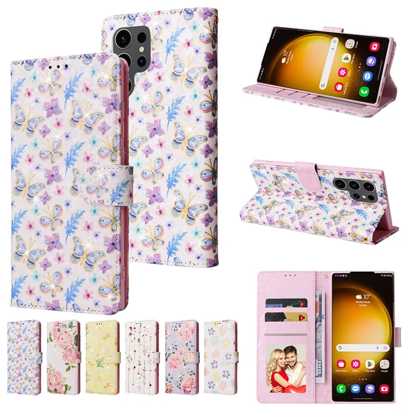Fashion Flower Print Leather Wallet Cases For Samsung S24 Ultra S24 Plus A05 A05S A15 5G Anti-theft Brush Butterfly Dried Floral World Daisy ID Card Slot Holder Pouch