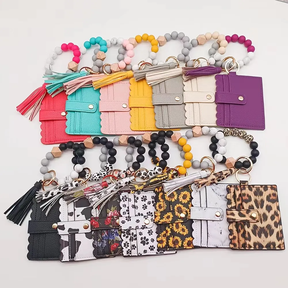 Bracelet à cordes de perle à glands en bois avec carte d'identité Sac imprimé Keychain Grade Silicone perles bracelets Women Girl Key Key Ring Chain Chain de poigne