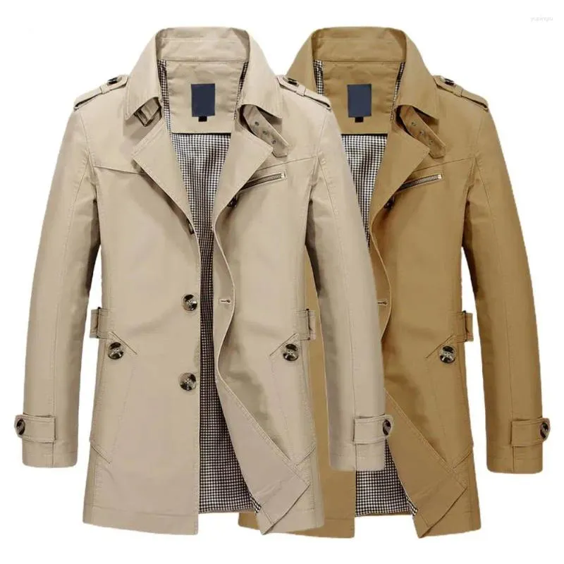 Casacos de Trench Masculinos Homens Single-breasted Jaqueta Elegante Casaco de Lapela com Design Único Breasted Mid-Length para Outono Inverno