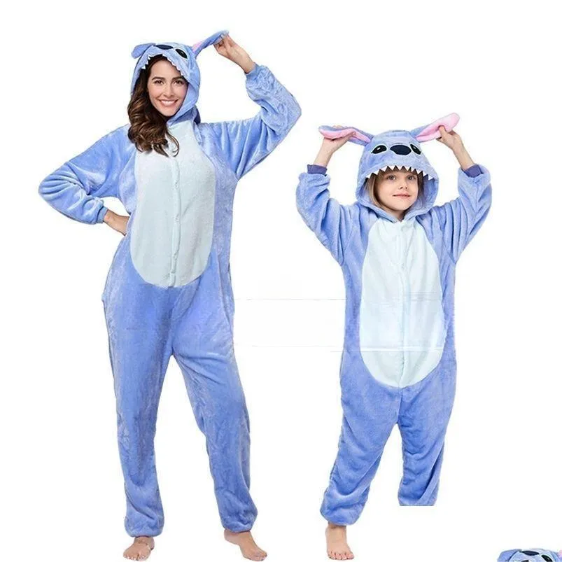 Pajamas Stitch Onesies ADT للجنسين الأزرق الوردي Stich Cosplay Party Wear Pijama Boys Girls Pajamas Kids Women Sleepwear 210915 Drop Deli Otnkm