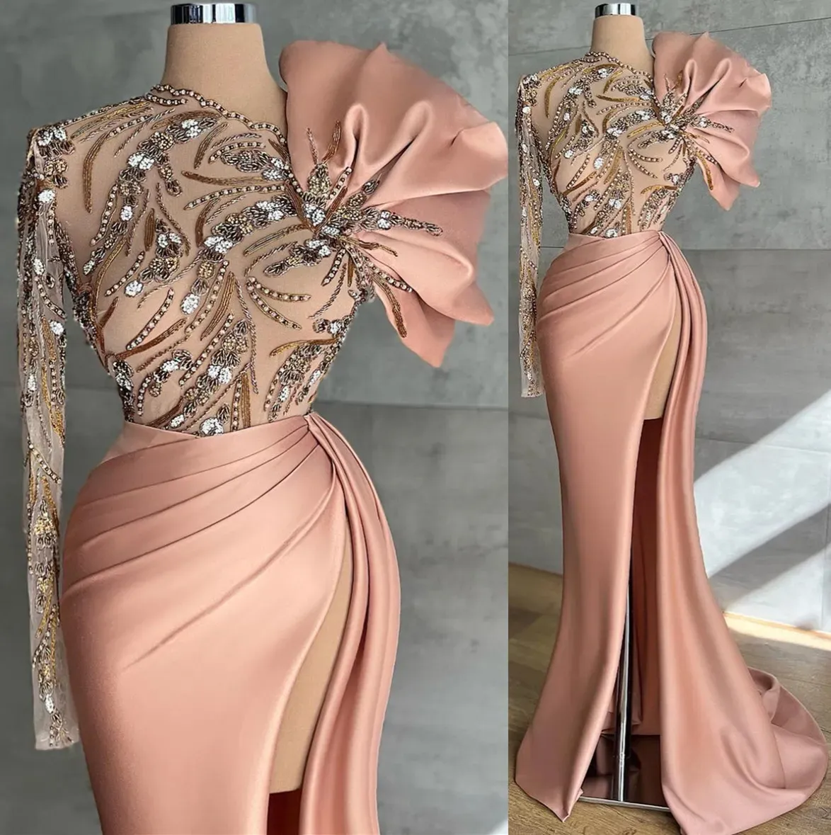 Elegante lange arabische Abendkleider, One-Shoulder-Satin, volle Ärmel, Perlenkristall mit Schlitz, Meerjungfrau, Sweep-Zug, formelles Kleid für Frauen