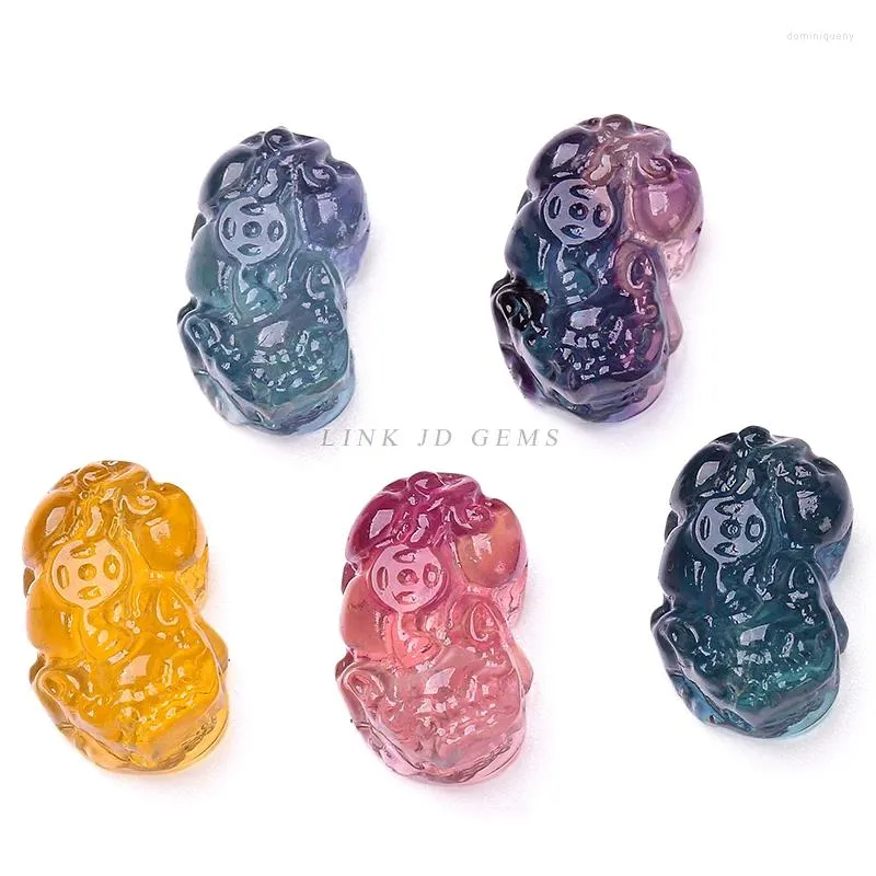 Lösa ädelstenar 10 st/Lot Natural Fluorite Square Pixiu Carved Bead Charms Crystal Penant med hål för smycken som gör DIY -halsband