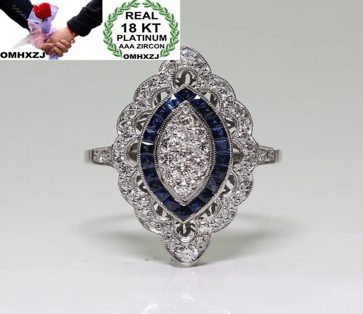 OMHXZJ Hele Europese Solitaire Ringen Mode Vrouw Man Feest Huwelijkscadeau Luxe Wit Blauw Topaas Zirkoon 18KT Witgouden Ring4949583