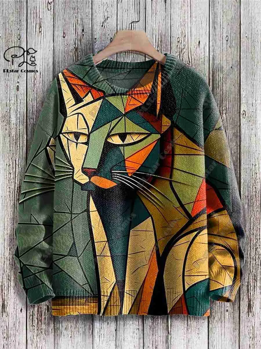 Herensweaters PLstar Cosmos nieuwe 3D-geprinte dierenserie schattig abstract grappig kattenpatroon lelijke trui winter straat casual unisexLF231114