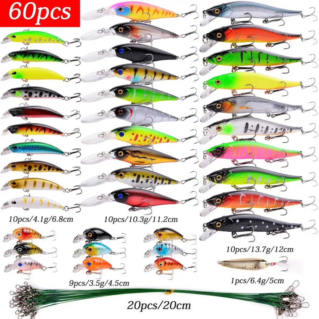 Yemler 20-60 PCS Yapay Yem Balıkçılık Lures Set Üst Su Sazan Wobblers Kit Mücadelesi Satış Satış Sert Yem Minnow Balık Cazibesi Seti 231130