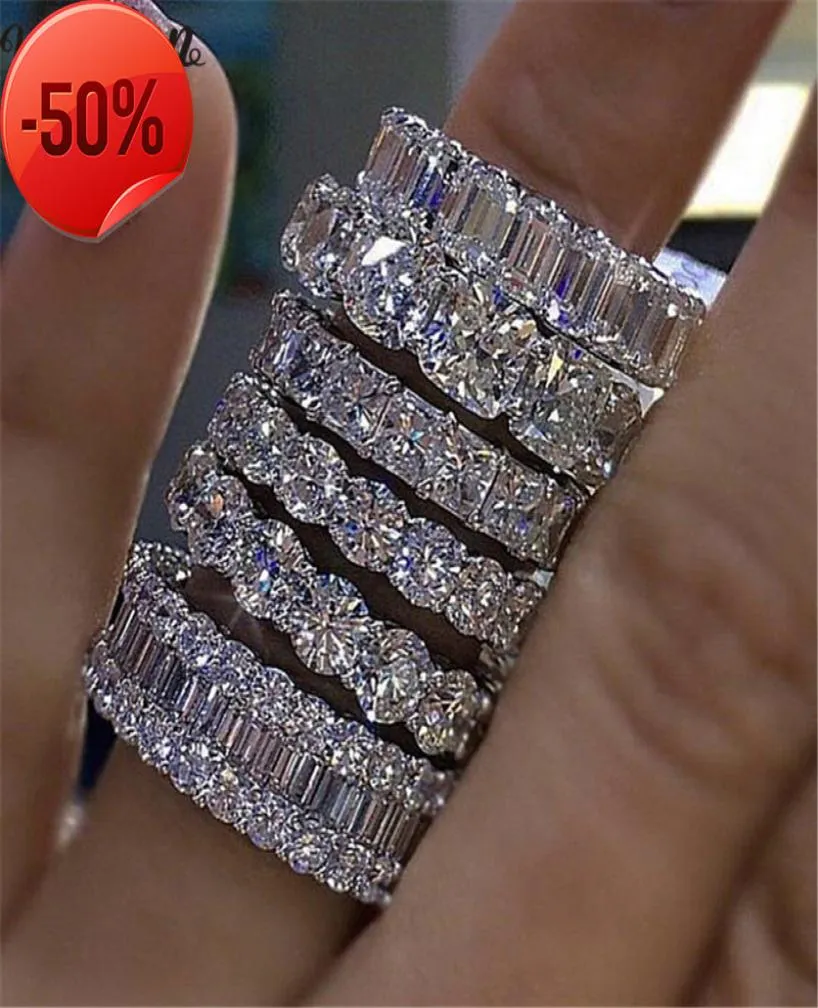 Vecalon 8 estilos Lustre Promise Wedding Band Ring 925 anillos de compromiso de diamantes de plata esterlina para mujeres hombres Jewelry6921708