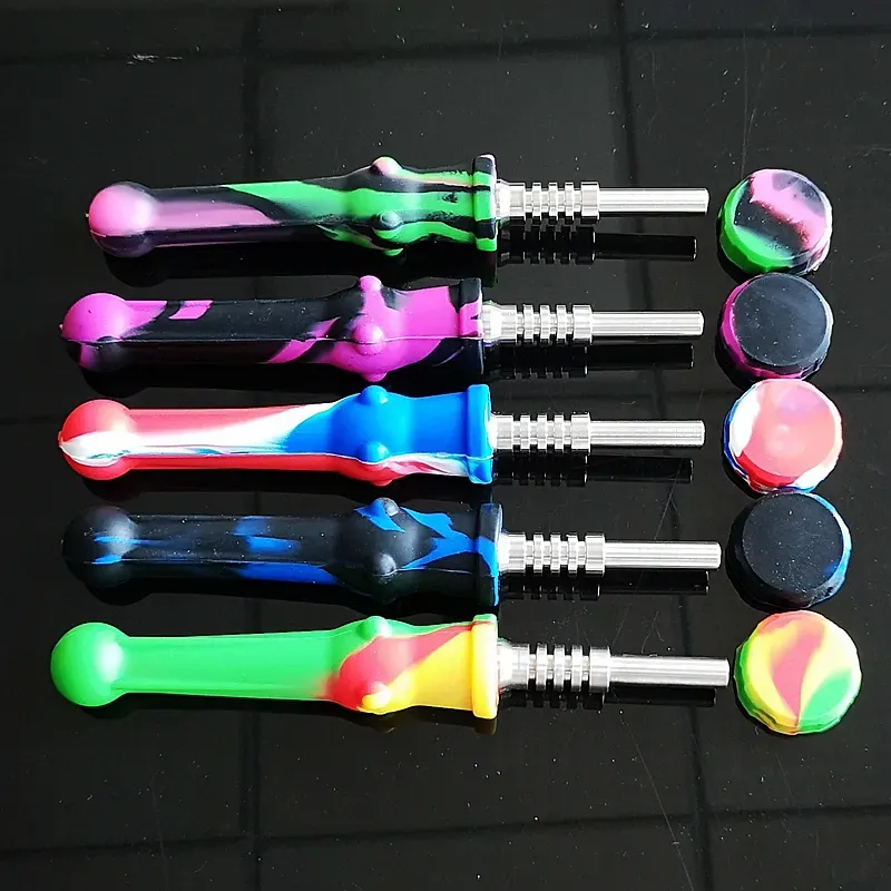 Colorful Silicone Nector Collector Kit Silicone Pipe Mini NC Set With 14mm Titanium Nail Dab Container Bird Oil Dab Straw Rig