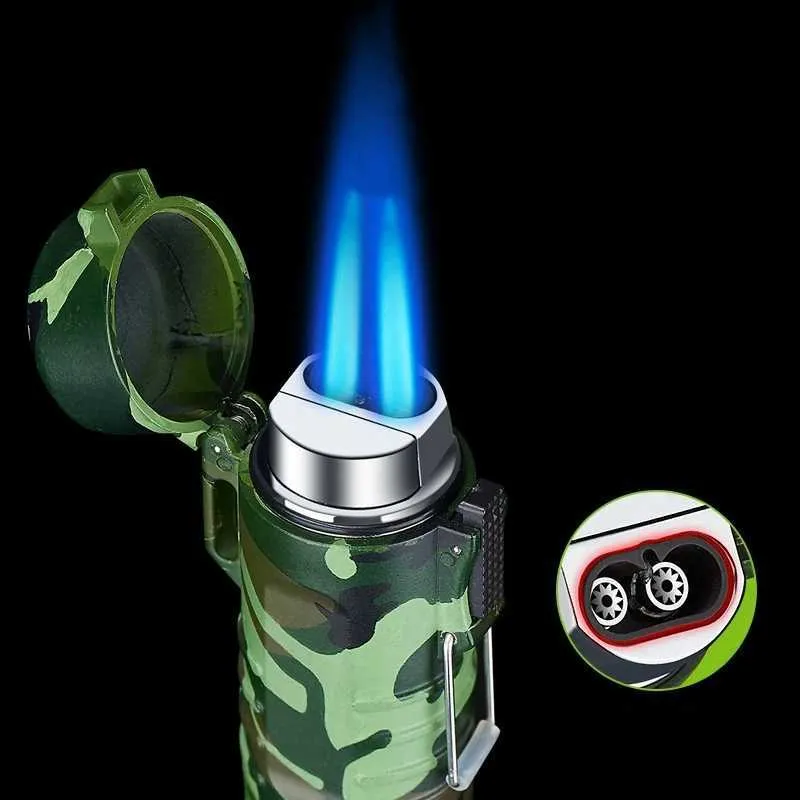 Pas de briquet à gaz briquets en métal Jet deux torche Turbo extérieur étanche Camping lampe de poche Rechargeable