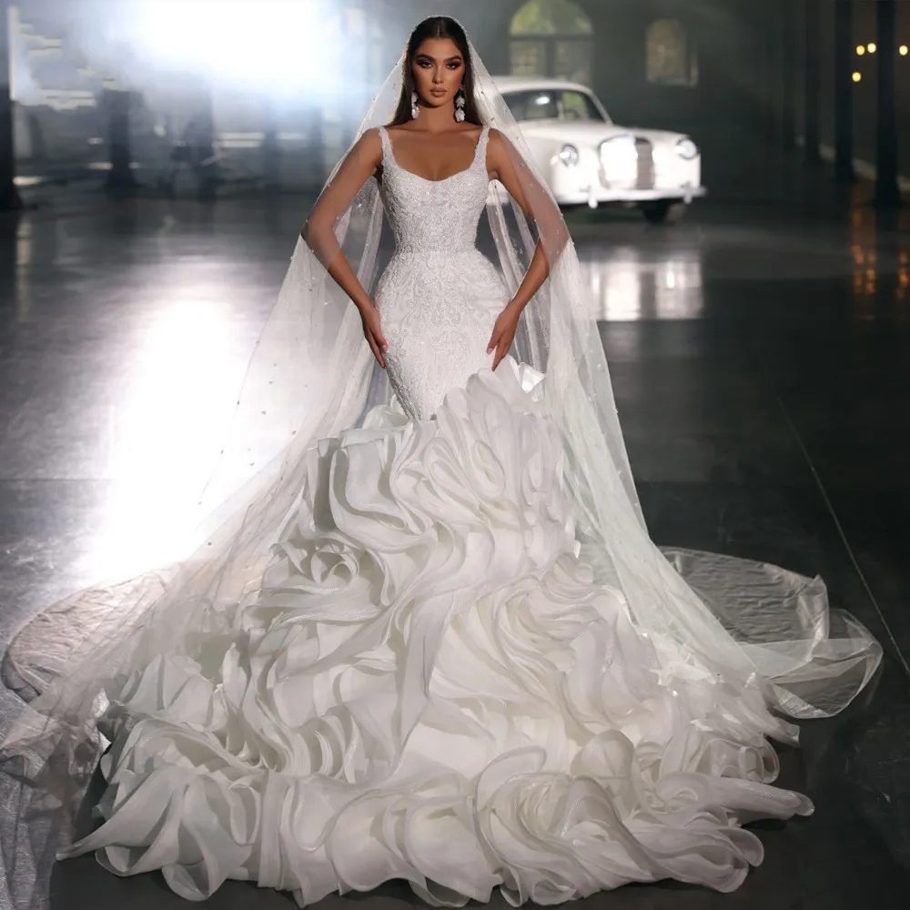 2024 Fashion Mermaid Wedding Dress Beading Embroidery Lace Spaghetti Straps Tiered Organza Women Bridal Gowns Vestido De Novia