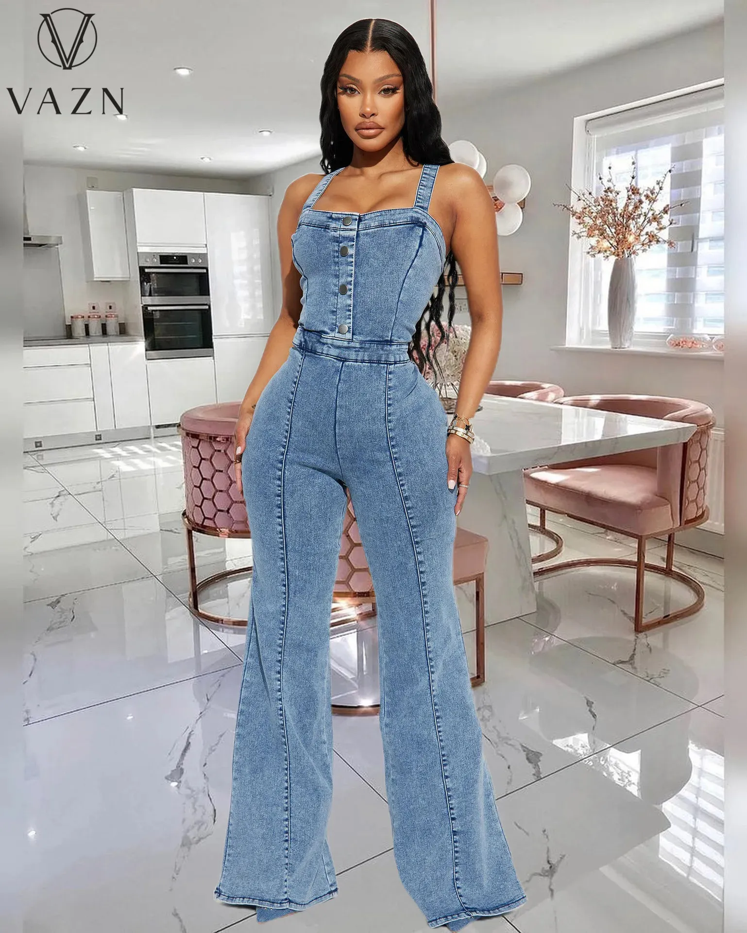 Combinaisons pour femmes barboteuses VAZN 2023 fermeture éclair Sexy Style de rue femmes sans manches sans bretelles couleur Pure Denim pantalons longs 231201