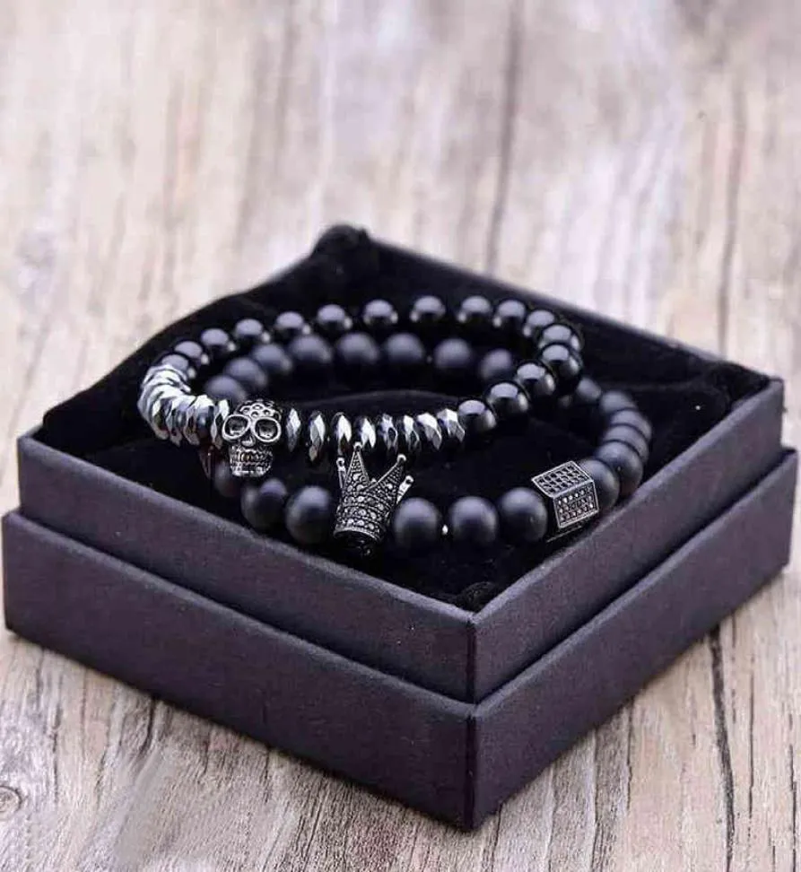 Mannen Armband Natuurlijke Maansteen Kraal Matte Oxyn Stenen Kralen Schedel Set Kroon Sieraden Heren Armbanden Voor Women1903664