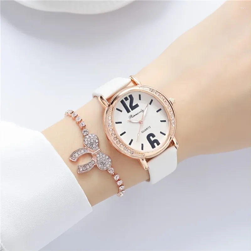 Wristwatches Rhinestone Decor Quartz Watch Casual Oval Pointer Analog With PU Leather Strap & 1pc Bracelet Gift For Mom/Girlfriend